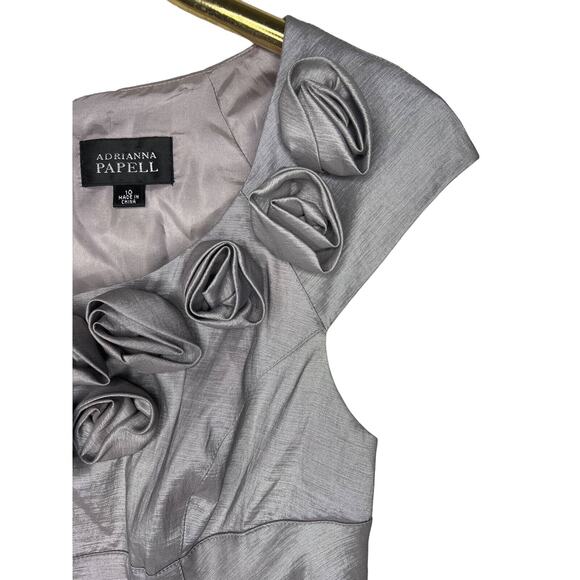 Adrianna Papell Cocktail Dress Size 10 Silver Gray Rosette Evening Sheath - Picture 7 of 13